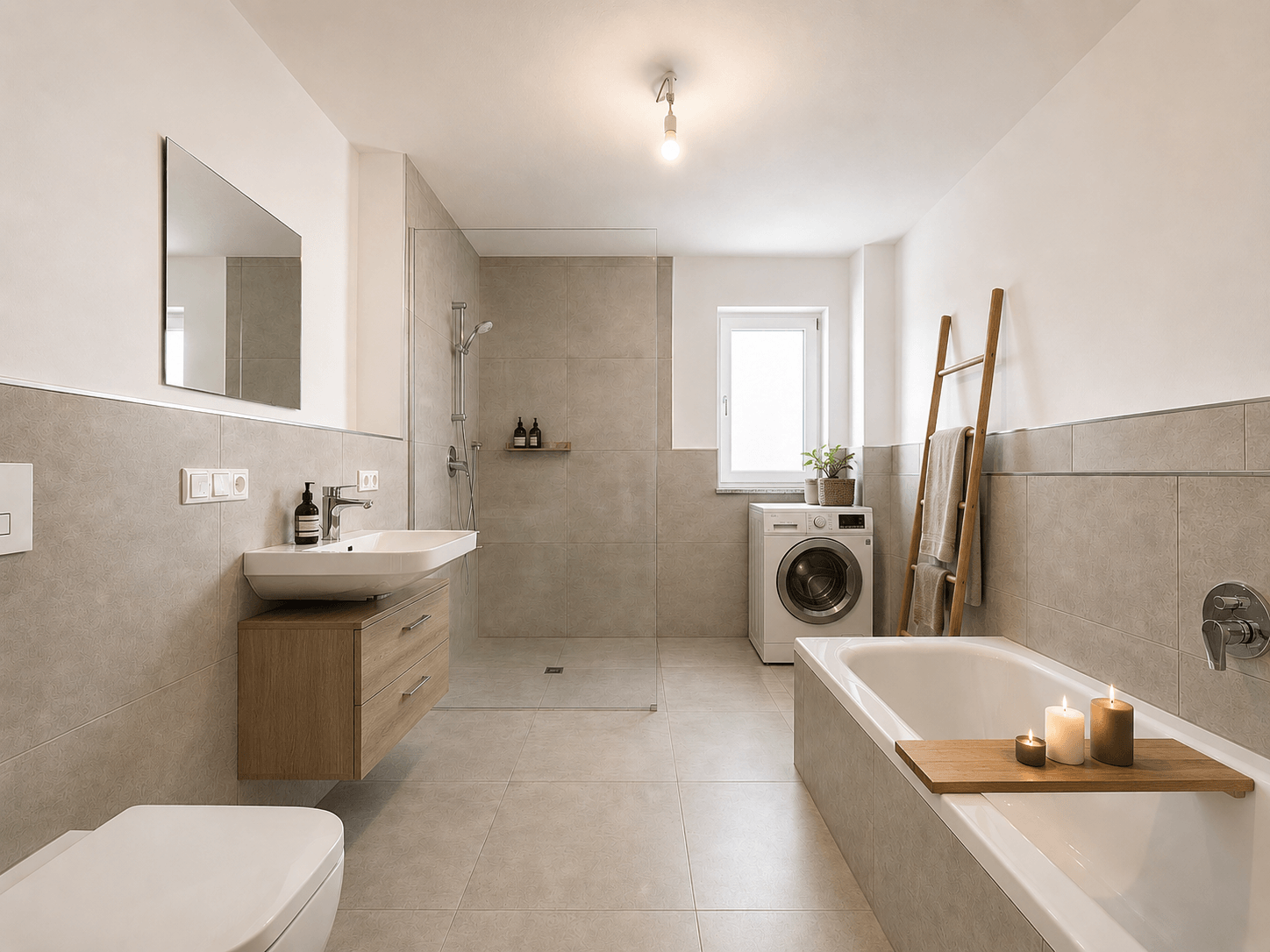 mit KI gestaged - Tageslichtbad mit Dusche und Badewanne